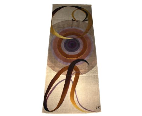  A large hand woven wall tapestry decorated with circular shapes and alfa and omega, signed lower right met woven initials TH