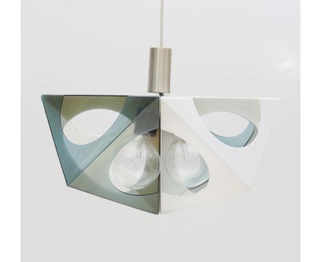 Seventies A bicolour lucite four-light hanging lamp, aluminium ceiling rose and fixture. 135 cm. max. h. x 65 cm. w. x 65 cm.