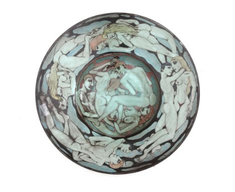 Hinrich Kröger, Berlin A glazed ceramic dish decorated with nudes, signed underneath: Hinrich Kröger Galerie und Werkstatt Gi