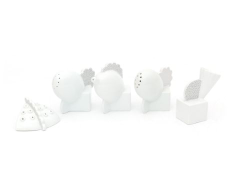 Matteo Thun (1952) Five porcelain table items for salt/pepper/oil/toothpicks , produced fo r Memphis, Milano, marked with imp