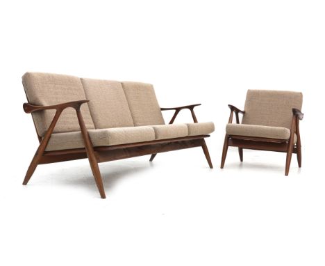 De Ster Gelderland A teak three-seater sofa and an easy chair with grey striated upholstered cushions, 1960s, with later loos