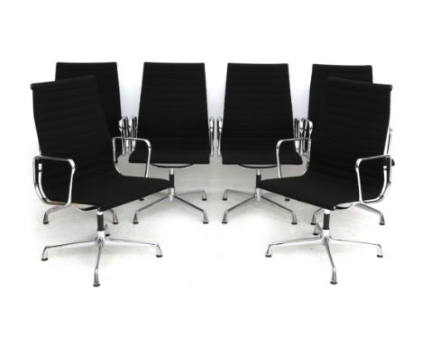Charles &amp; Ray Eames Zes Aluminium Group conference chairs with black Hopsak upholstery, model EA112, marked with labels: 