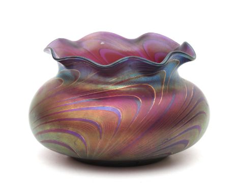 Joh. Loetz Witwe (attributed) A purple glass vase with wavy top rim and 'Phaenomen' iridescent pattern, circa 1900, unsigned,