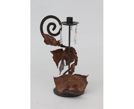 Maroeska Metz (1959) A wrought iron candlestick with copper leafs, with cut crystal pendants. 29,5 cm. h.