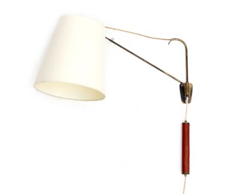 Midcentury Modern A brass swivelling wall lamp with leather lined counterweight, the shade not original, 1960s. var. dim.