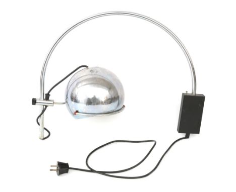 Gepo Lampen, Amsterdam A chromium plated metal wall-arc-lamp with globular adjustable shade, with black lacquered wall mount,