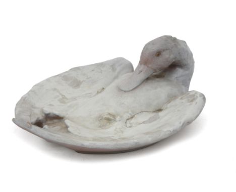 Emile Decoeur (1876-1953) A glazed ceramic dish shaped as a duck, signed underneath, damages, reglued central part at one win