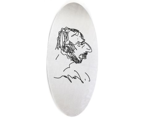 Dino Gavina (1922-2007) An oval mirror with serigraph depicting a selfportrait 'Autoritratto Carlo Scarpa', produced by Simon