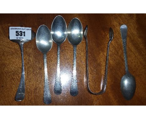 A Small Georgian Silver Sauce Ladle along with a Silver Tongs; along with a set of bright cut spoons.