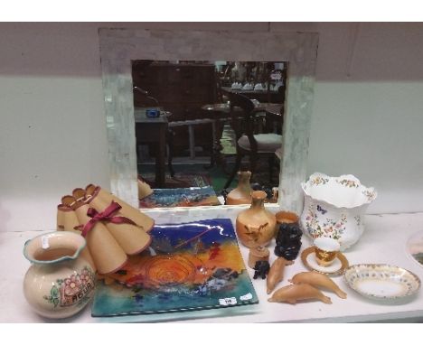 A Good Art Glass Colourful Square Plate, together with an Aynsley jardinière, Mother-of-Pearl framed wall mirror, ribboned la