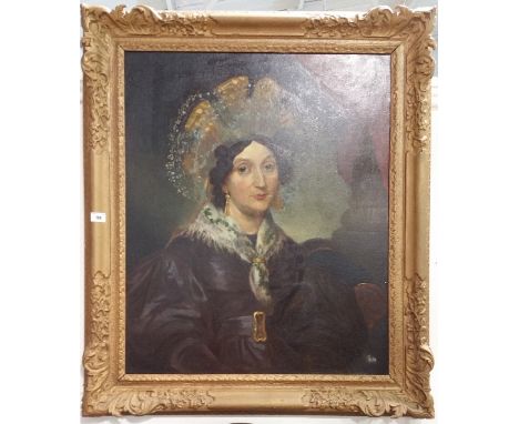 A 19th Century Oil on Canvas, Portrait of a Lady Seated in an Interior; wearing a lace and silk bonnet and scarf with gold cl