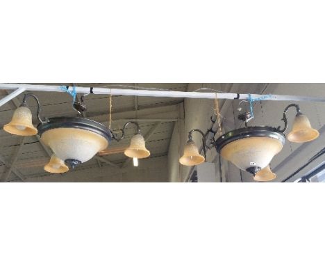 A Pair of Three Branch Ceiling Light Domes; with mottled peach effect finish on a frosted ground.