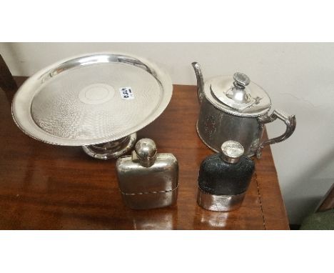 An Engine Turner Quality Silver-Plated Cake Stand, along with a similar teapot c.1880 and two spirit pocket flasks (4).