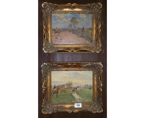 A Pair of Oils on Board Depicting Hunting Scenes Scenes, mounted in ornate gilt frames.