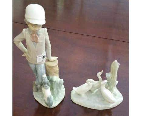 A Nao Figure by Lladro of a Young Boy with Dog, along with another of goslings (2).