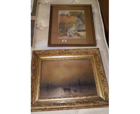 A 19th Century Oil on Canvas - Moonlit Seascape, in a Scotish gilt frame decorated with thistles, together with six prints & 