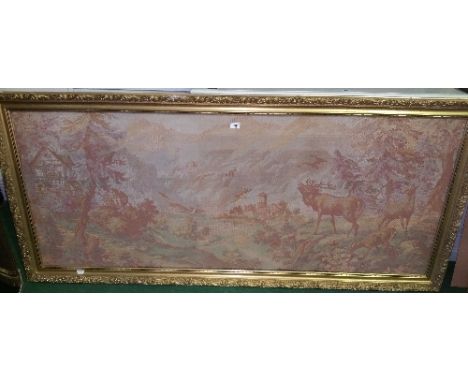 A Large 20th Century Framed Tapestry Panel in a Gilt Frame; with stags, castles and lake scene.