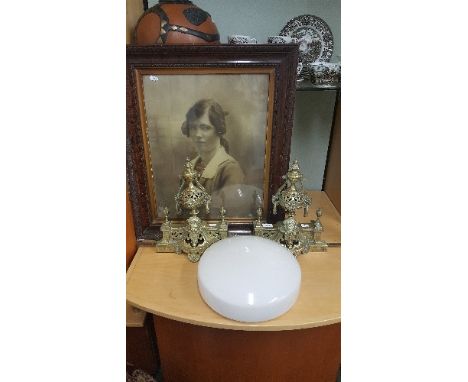 An Elaborate Pair of Brass Fire Dogs, together with a Victorian photographic portrait and an opaque glass ceiling light (4).