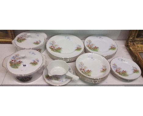 A Staffordshire Myotts Dinner Service for Six, decorated with Hunting scenes and having 6+6+6 plates in three sizes, 6 bowls,