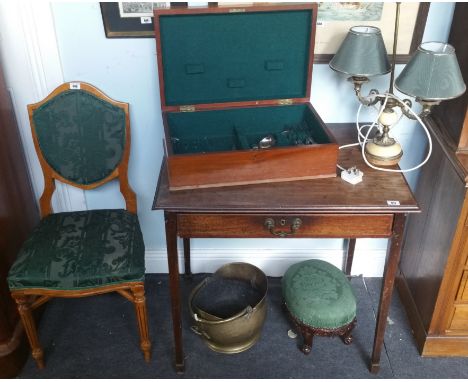 A Collection of Items to include a chair and footstool upholstered in green, a part walnut canteen and contents, a brass coal