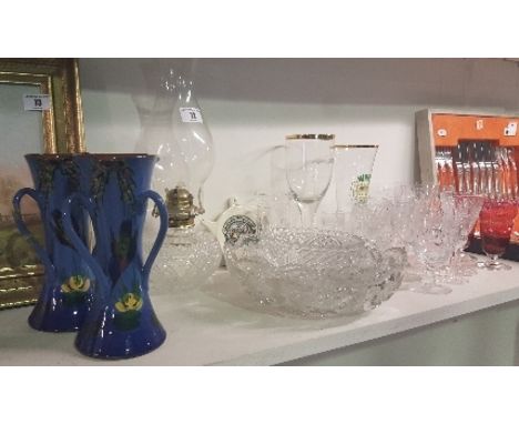 A Good Set of Three Graduated Glass Bowls, a glass oil lamp & other crystal and glassware, a Jameson Whiskey stand and pair o