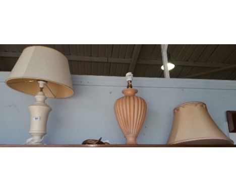 A Modern Peach Coloured Reeded Table Lamp, with shade, with A Modern Cream Table Lamp and Shade.