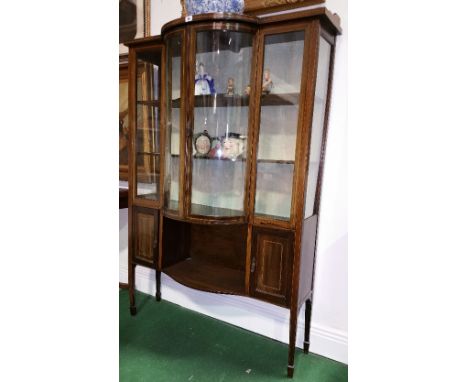 An Early 20th Century Mahogany and Beech Inlaid Breakfront Display Cabinet; with three shelves enclosed by glazed doors, an o