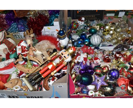 FIVE BOXES OF CHRISTMAS DECORATIONS, to include free standing nutcracker soldiers, Santa, snowman and reindeer etc. a large s