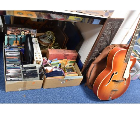 THREE BOXES AND LOOSE GUITAR, CDS, METALWARE AND SUNDRY ITEMS, to include an acoustic guitar, over fifty CDs to include Guns 