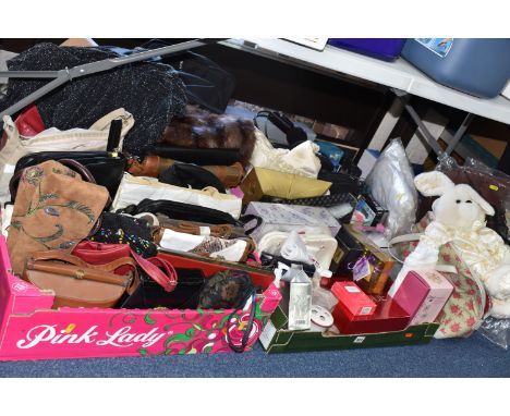 FOUR BOXES AND LOOSE HANDBAGS AND SUNDRY ITEMS, to include over thirty handbags, including vintage bags and modern high stree