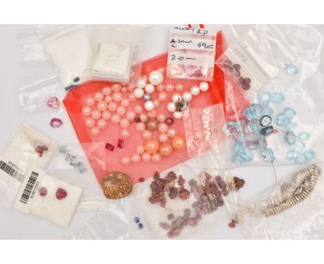 AN ASSORTMENT OF CUT GEMSTONES, ROUGH GEMSTONES AND BEADS, to include a boulder opal specimen, a small quantity of 2mm rubies