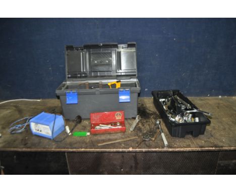 A TOOLBOX CONTAINING AUTOMOTIVE TOOLS, including spanners, sockets, rachets, by King Dick, Halfords, Tipco, a battery charger