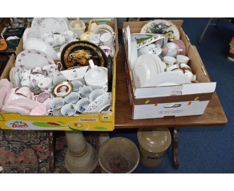 THREE BOXES AND LOOSE CERAMICS, to include a Pearsons of Chesterfield stoneware bread bin, a Royal Worcester cake plate, serv