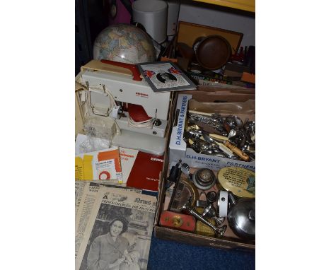 THREE BOXES AND LOOSE MISCELLANEOUS ITEMS, to include a telescope box and main mirror, vintage tin mouse friction toy, four v