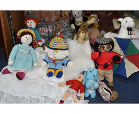 THREE BOXES OF MISCELLANEOUS ITEMS, to include knitted plush toys, vintage teddy bear plush, selection of bedding to include 