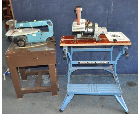 A DRAPER 16in FRETSAW ON STAND, a Delta belt and Disc sander (both PAT pass and working) and a Black and Decker workmate (3)