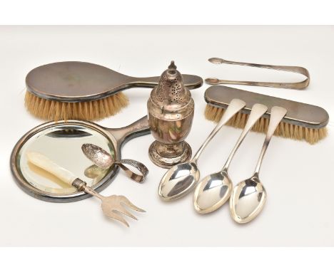 A SELECTION OF SILVER ITEMS, to include a silver sugar caster of urn form, hallmarked 'William Neale' Birmingham 1908, three 