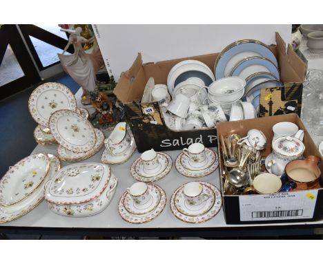 TWO BOXES AND LOOSE CERAMICS AND CUTLERY comprising a collection of Wedgwood 'Bianca' dinner and coffee wares comprising a li