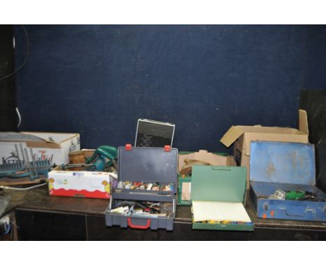 FIVE TRAYS CONTAINING TOOLS, including a Hitachi angle grinder, a Black and Decker circular saw, a Black and Decker drill, a 