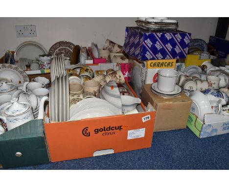 SEVEN BOXES AND LOOSE CERAMICS, mostly dinnerware and tea ware, included a large oval Royal Albert 'Old Country Roses' meat p
