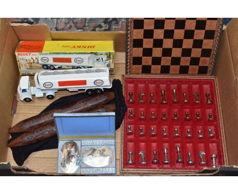 A BOX OF TOYS AND GAMES, ETC, comprising a boxed Dinky Toys lightly play worn A.E.C. Fuel Tanker Esso no 945, with 'Put a Tig