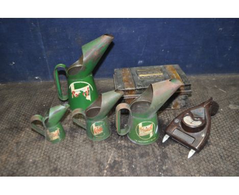 A GRADUATED SET OF FOUR MID 20th CENTURY 'CASTROL' OIL JUGS, a Davenset battery tester with a Bakelite casing and a small met