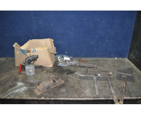 A COLLECTION OF VINTAGE WOODEN CARPENTRY TOOLS, including a steel footed 10in plane stamped W.Gather, a mallet, marking gauge