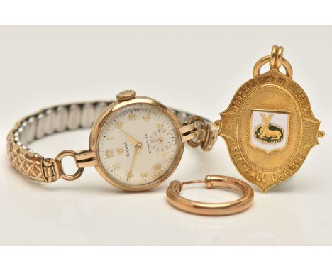 A 9CT GOLD FOB MEDAL, A LADIES 'CYMA' WRISTWATCH AND A SINGLE EARRING, the fob with enamel detail, inscribed 'Derby &amp; Dis