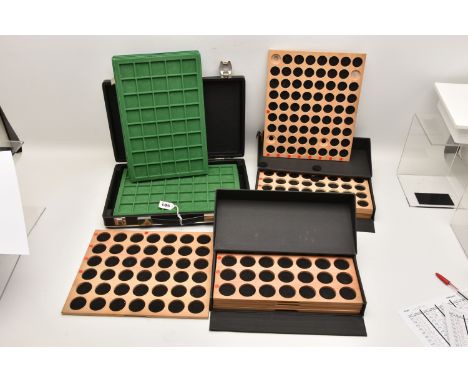 ASSORTED COIN CASES AND TRAYS, to include a black briefcase with five green fabric trays and one red fabric coin tray inside,