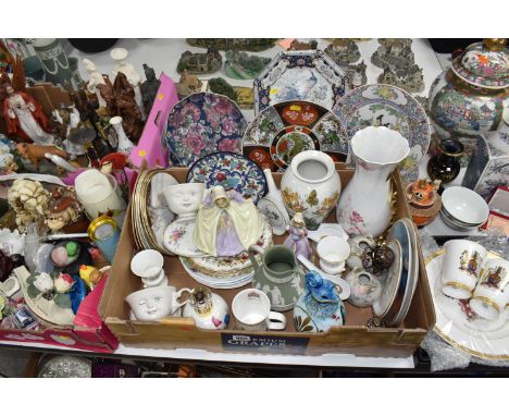 THREE BOXES AND LOOSE CERAMICS, to include a famille rose covered temple jar with a character mark to the base, also a select