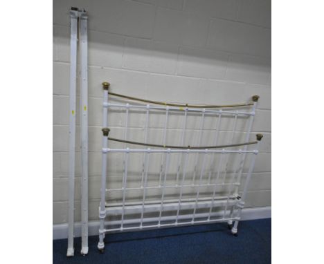 A WHITE PAINTED BRASS AND CAST IRON 4FT6 BEDSTEAD, with a tartan insert, condition report: overpainted, general signs of wear