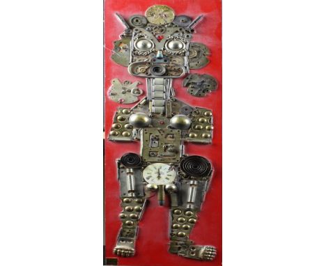 Shih Hwa - two composition plaques, figures on wooden panels from reclaimed metal watch parts, signature panel to lower left,