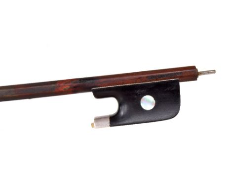 Silver mounted violoncello bow stamped E.A. Ouchard, Paris, the stick round, the ebony frog inlaid with pearl eyes and the ad