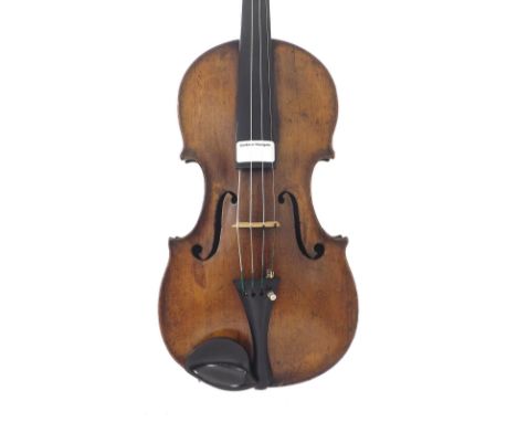 Interesting English violin stamped Duke, London below the button, the two piece back of faint broad curl with plainish wood t